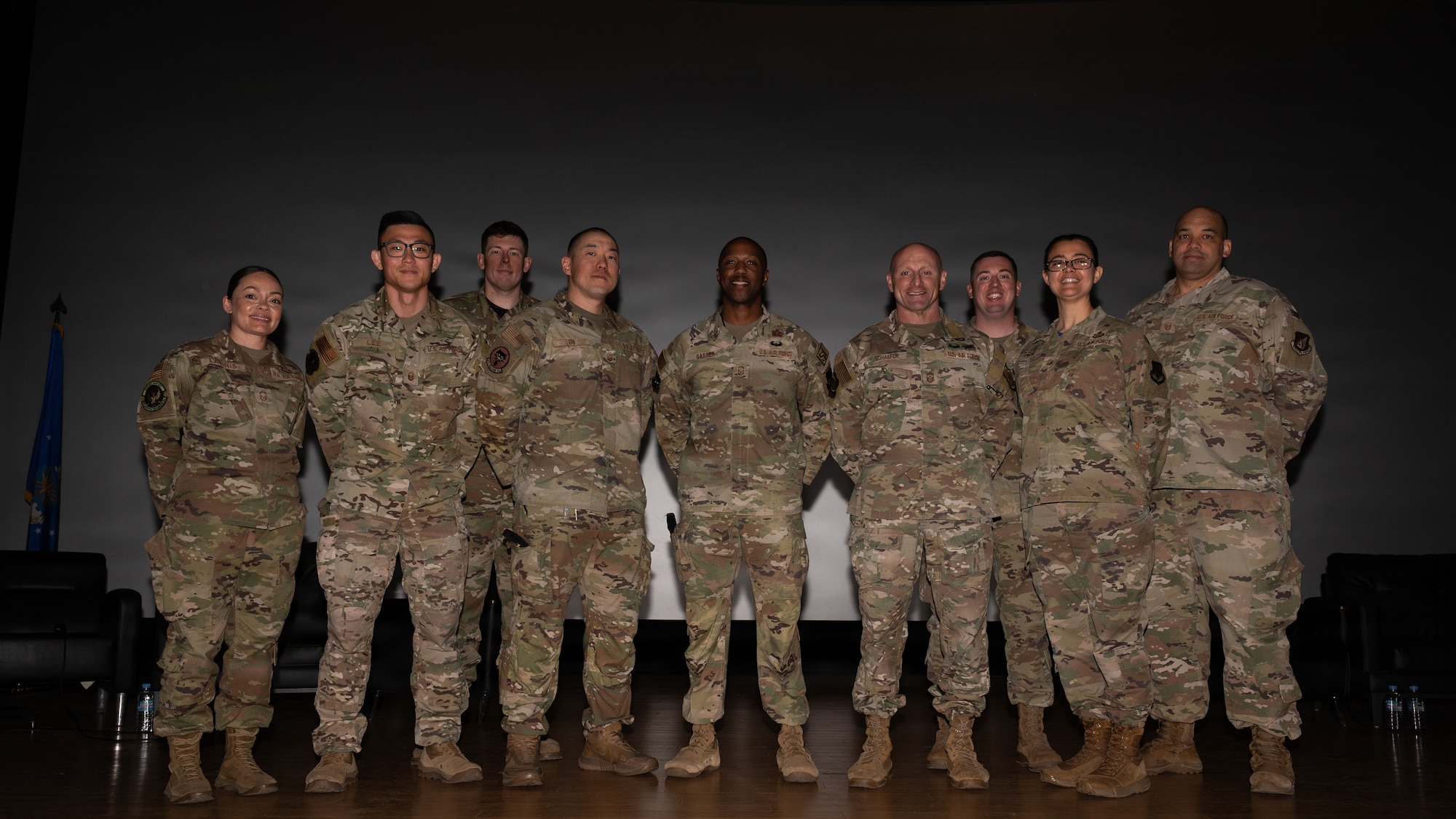 U.S. Air Force Airmen assigned to Seventh Air Force and the 51st Fighter Wing pose for a group photo after the Seventh Air Force Leadership Development Series at Osan Air Base, Republic of Korea, April 24, 2026. The LDS is a comprehensive and dynamic initiative designed to empower officers and enlisted personnel in the Korean Theater of Operations. (U.S. Air Force photo by Senior Airman Jessica Mun)