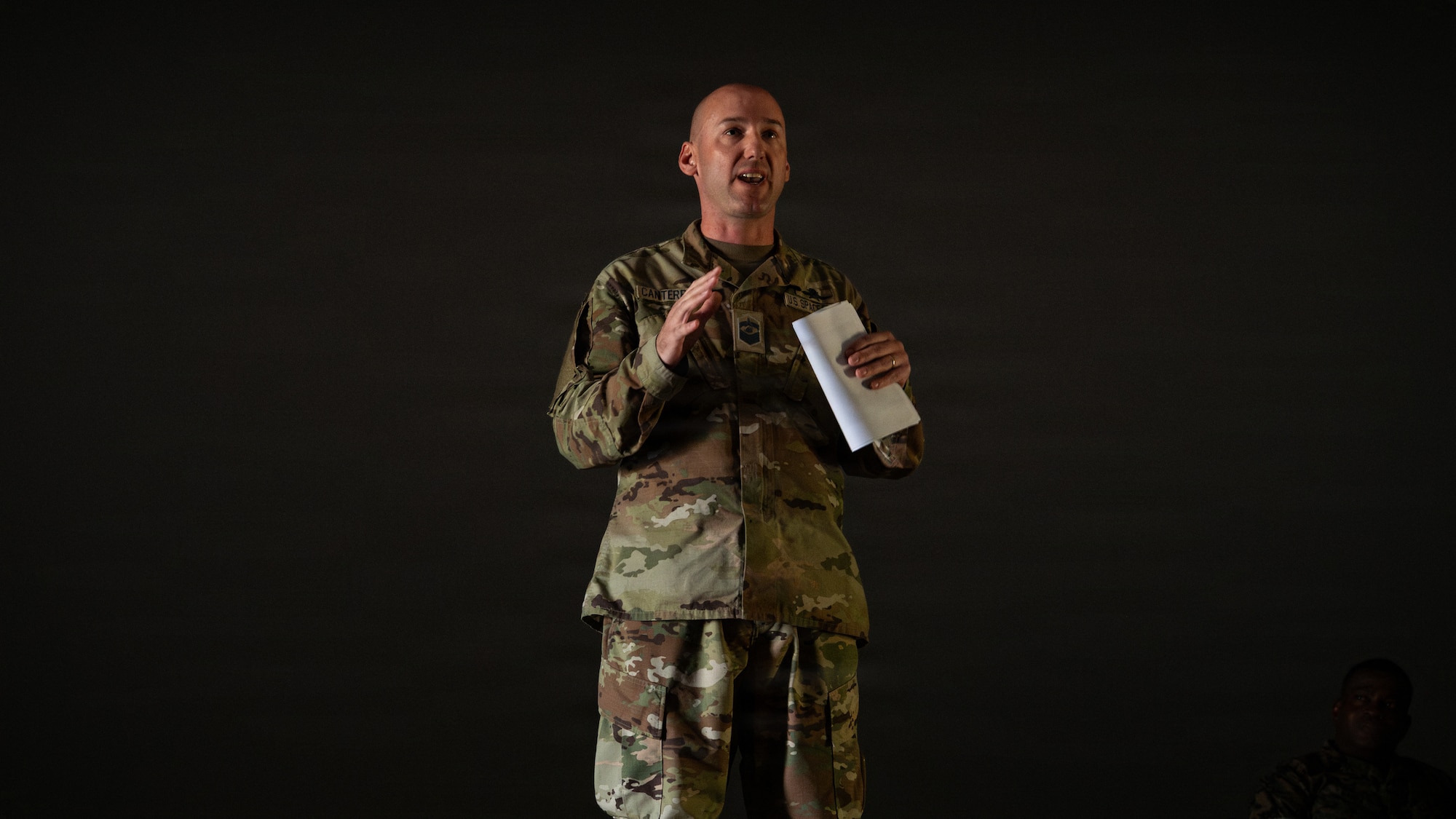 U.S. Space Force Senior Master Sgt. Ryan Canterbury, U.S. Space Forces-Korea command senior enlisted leader, speaks during the Seventh Air Force Leadership Development Series at Osan Air Base, Republic of Korea, April 24, 2026. The LDS is dedicated to promoting education and deliberate development by aligning talented personnel directly with core mission objectives. (U.S. Air Force photo by Senior Airman Jessica Mun)