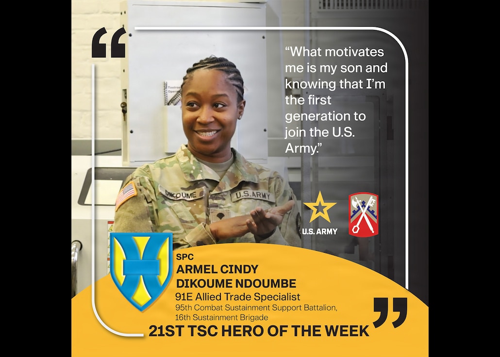 Meet Spc. Armel Cindy Dikoume Ndoumbe, a 91E Allied Trade Specialist with the 95th Combat Sustainment Support Battalion, 16th Sustainment Brigade.