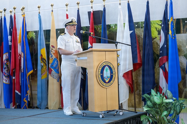 AGANA HEIGHTS (March 27, 2026) – Capt. James G. Demitrack, the new commanding officer of U.S. Navy Medicine Readiness and Training Command Guam, gives remarks thanking his family and addressing the hospital team during a change of command ceremony March 27. During the ceremony, Capt. Joel M. Schofer officially relinquished leadership of the command to Demitrack, who also becomes the director of U.S. Naval Hospital Guam.