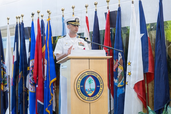 AGANA HEIGHTS (March 27, 2026) – U.S. Navy Medicine Readiness and Training Command (USNMRTC) Guam Commanding Officer Capt. Joel M. Schofer gives remarks during his change of command ceremony March 27. The ceremony officially marked the transition of leadership to Capt. James G. Demitrack, who also became the director of U.S. Naval Hospital (USNH) Guam. Reflecting on his time in command, Schofer expressed his gratitude and emphasized the dedication of the USNH Guam team and their commitment to delivering high-quality care to service members and their families.