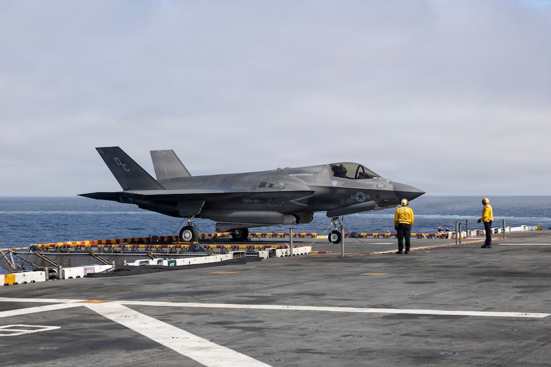 A U.S. Marine Corps F-35B Lightning II attached to Marine Fighter Attack Squadron (VMFA) 122, 11th Marine Expeditionary Unit, is staged on the flight deck elevator during flight operations aboard Wasp-class amphibious assault ship USS Boxer (LHD 4) in the Pacific Ocean, March 21, 2026. The 11th MEU is currently underway aboard the Boxer Amphibious Ready Group in the U.S. 3rd Fleet area of operations demonstrating the United States’ long-term commitment to a free and open Indo-Pacific.
