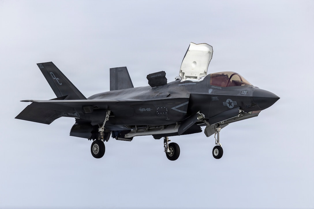 A U.S. Marine Corps F-35B Lightning II attached to Marine Fighter Attack Squadron (VMFA) 122, 11th Marine Expeditionary Unit, prepares to land aboard Wasp-class amphibious assault ship USS Boxer (LHD 4) during flight operations in the Pacific Ocean, March 22, 2026. The 11th MEU is currently underway aboard the Boxer Amphibious Ready Group in the U.S. 3rd Fleet area of operations demonstrating the United States’ long-term commitment to a free and open Indo-Pacific.