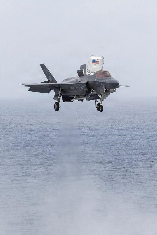 A U.S. Marine Corps F-35B Lightning II attached to Marine Fighter Attack Squadron (VMFA) 122, 11th Marine Expeditionary Unit, prepares to land aboard Wasp-class amphibious assault ship USS Boxer (LHD 4) during flight operations in the Pacific Ocean, March 22, 2026. The 11th MEU is currently underway aboard the Boxer Amphibious Ready Group in the U.S. 3rd Fleet area of operations demonstrating the United States’ long-term commitment to a free and open Indo-Pacific.