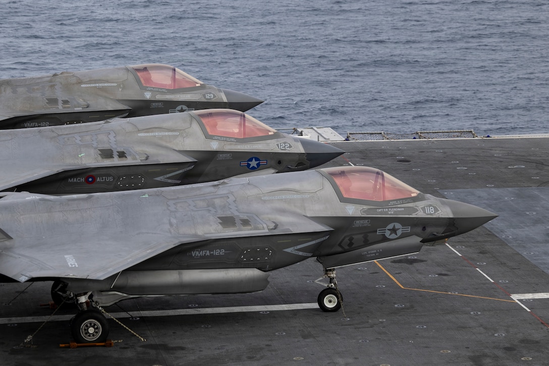 U.S. Marine Corps F-35B Lightning II attached to Marine Fighter Attack Squadron (VMFA) 122, 11th Marine Expeditionary Unit, are staged during flight operations aboard Wasp-class amphibious assault ship USS Boxer (LHD 4) in the Pacific Ocean, March 22, 2026. The 11th MEU is currently underway aboard the Boxer Amphibious Ready Group in the U.S. 3rd Fleet area of operations demonstrating the United States’ long-term commitment to a free and open Indo-Pacific.