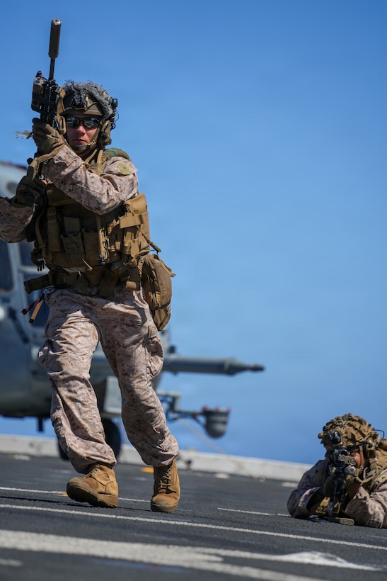 U.S. Marine Corps Lance Cpl. Carlos Robles, a team leader with Lima Company, Battalion Landing Team 3/5, 11th Marine Expeditionary Unit, conducts shoot and move drills aboard San Antonio-class amphibious transport dock ship USS Portland (LPD 27) in the Pacific Ocean, Mar 23, 2026. The 11th MEU is currently underway aboard the Boxer Amphibious Ready Group in the U.S. 3rd Fleet area of operations demonstrating the United States’ long-term commitment to a free and open Indo-Pacific.