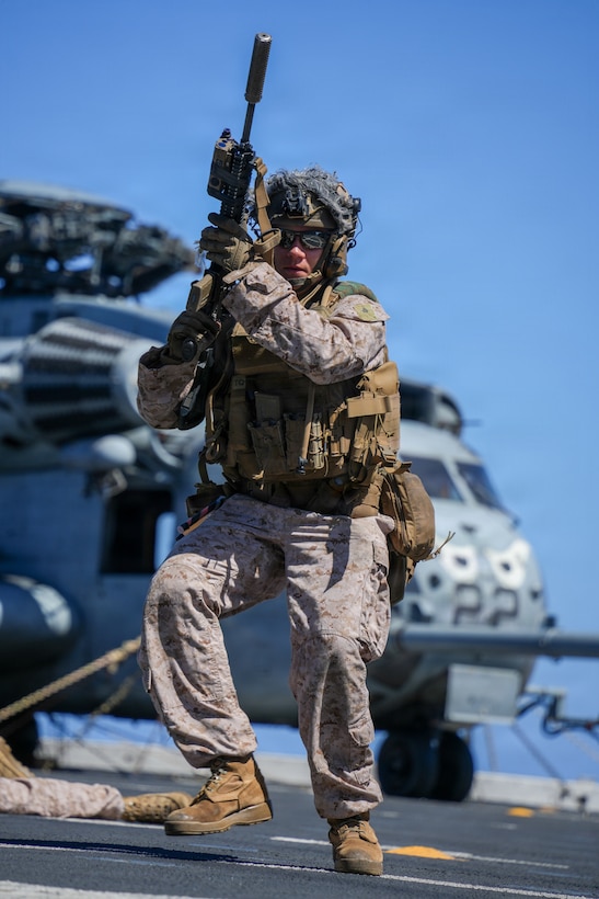 U.S. Marine Corps Lance Cpl. Carlos Robles, a team leader with Lima Company, Battalion Landing Team 3/5, 11th Marine Expeditionary Unit, conducts shoot and move drills aboard San Antonio-class amphibious transport dock ship USS Portland (LPD 27) in the Pacific Ocean, Mar 23, 2026. The 11th MEU is currently underway aboard the Boxer Amphibious Ready Group in the U.S. 3rd Fleet area of operations demonstrating the United States’ long-term commitment to a free and open Indo-Pacific.