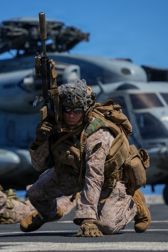 U.S. Marine Corps Lance Cpl. Carlos Robles, a team leader with Lima Company, Battalion Landing Team 3/5, 11th Marine Expeditionary Unit, conducts shoot and move drills aboard San Antonio-class amphibious transport dock ship USS Portland (LPD 27) in the Pacific Ocean, Mar 23, 2026. The 11th MEU is currently underway aboard the Boxer Amphibious Ready Group in the U.S. 3rd Fleet area of operations demonstrating the United States’ long-term commitment to a free and open Indo-Pacific.