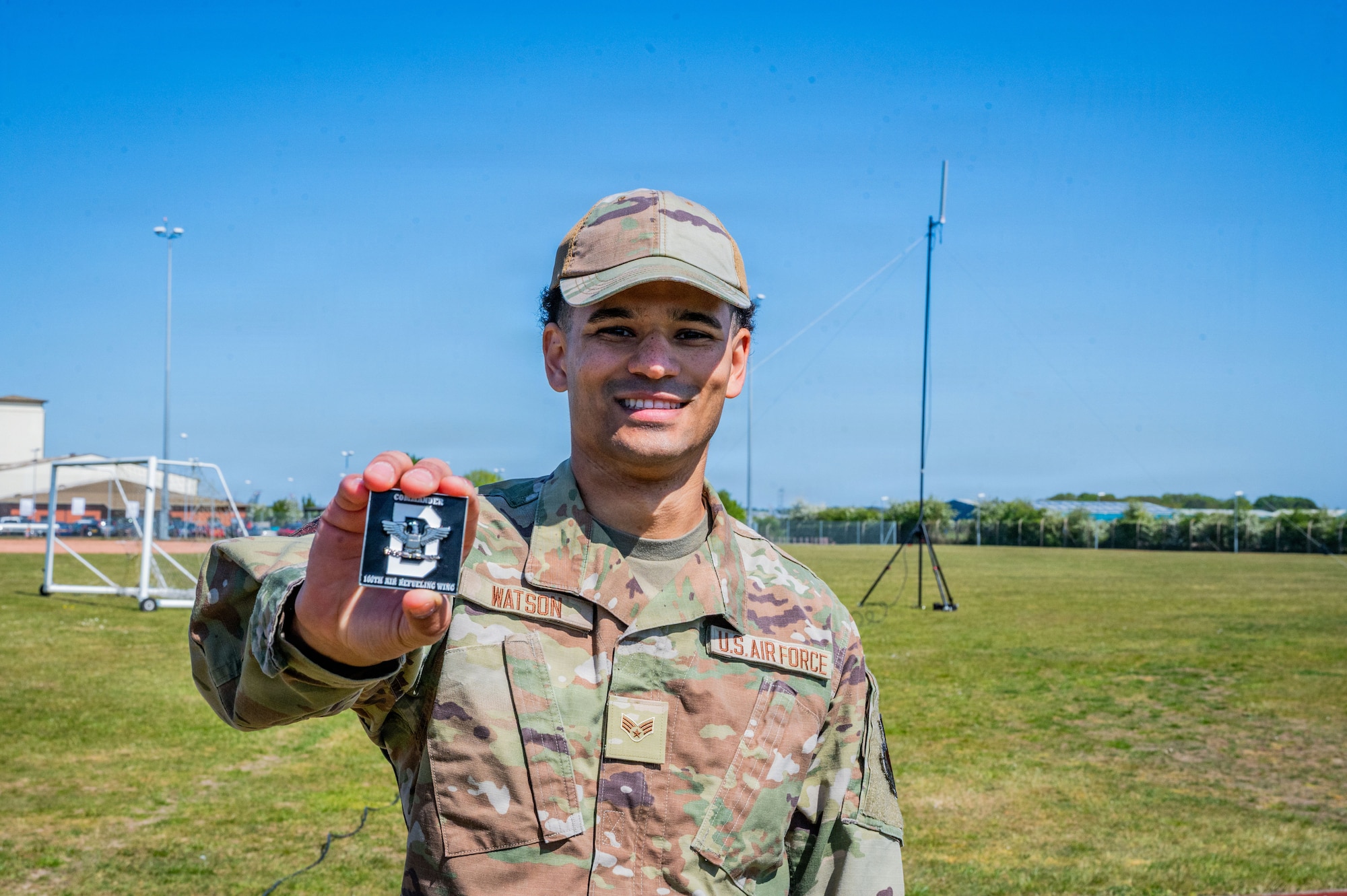U.S. Air Force Senior Airman Savion Watson, 100th Communications Squadron agile combat employment technician, poses during a day in the life integration at RAF Mildenhall, England, April 28, 2026.