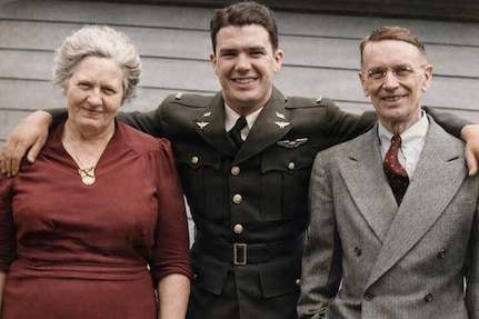 Army Air Corps 2nd Lt. Joseph Leroy "Roy" Burke and his parents Kathryn and William, prior to his deployment to the Philippines in 1941.