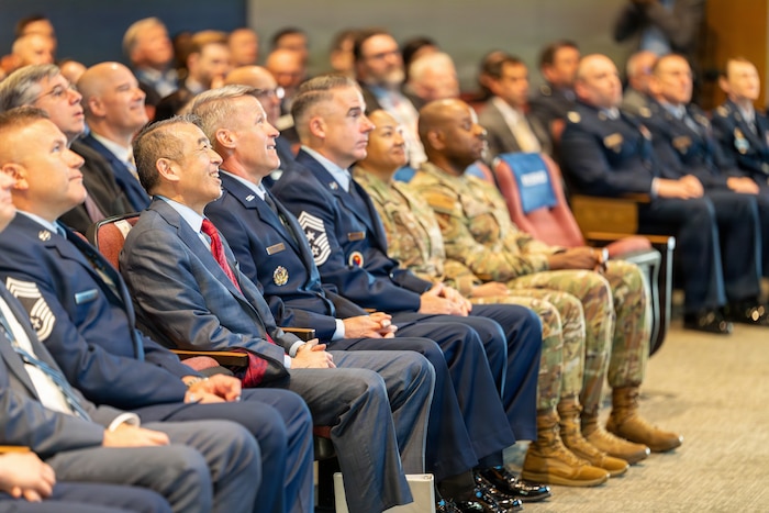 Edwin H. Oshiba, a member of the Senior Executive Service and Administrative Assistant to the Secretary of the Air Force, attends opening remarks alongside Air University and 42nd Air Base Wing senior leaders during the National Security Forum at Maxwell Air Force Base, Alabama, May 5, 2026