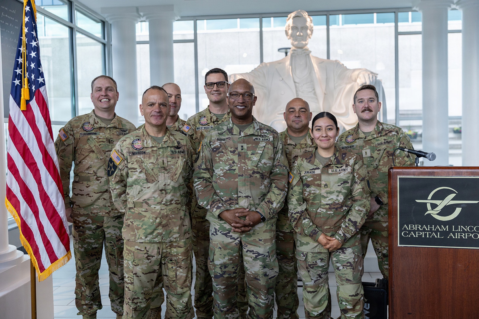 Maj. Gen. Rodney Boyd, front row, center, the adjutant general and commander of the Illinois National Guard, met with Soldiers from Detachment 5, Company A, 2nd Battalion, 245th Aviation Regiment, prior to the mobilization ceremony May 4, 2026, at the Abraham Lincoln Capital Airport in Springfield, Illinois.