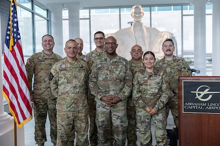 Maj. Gen. Rodney Boyd, front row, center, the adjutant general and commander of the Illinois National Guard, met with Soldiers from Detachment 5, Company A, 2nd Battalion, 245th Aviation Regiment, prior to the mobilization ceremony May 4, 2026, at the Abraham Lincoln Capital Airport in Springfield, Illinois.