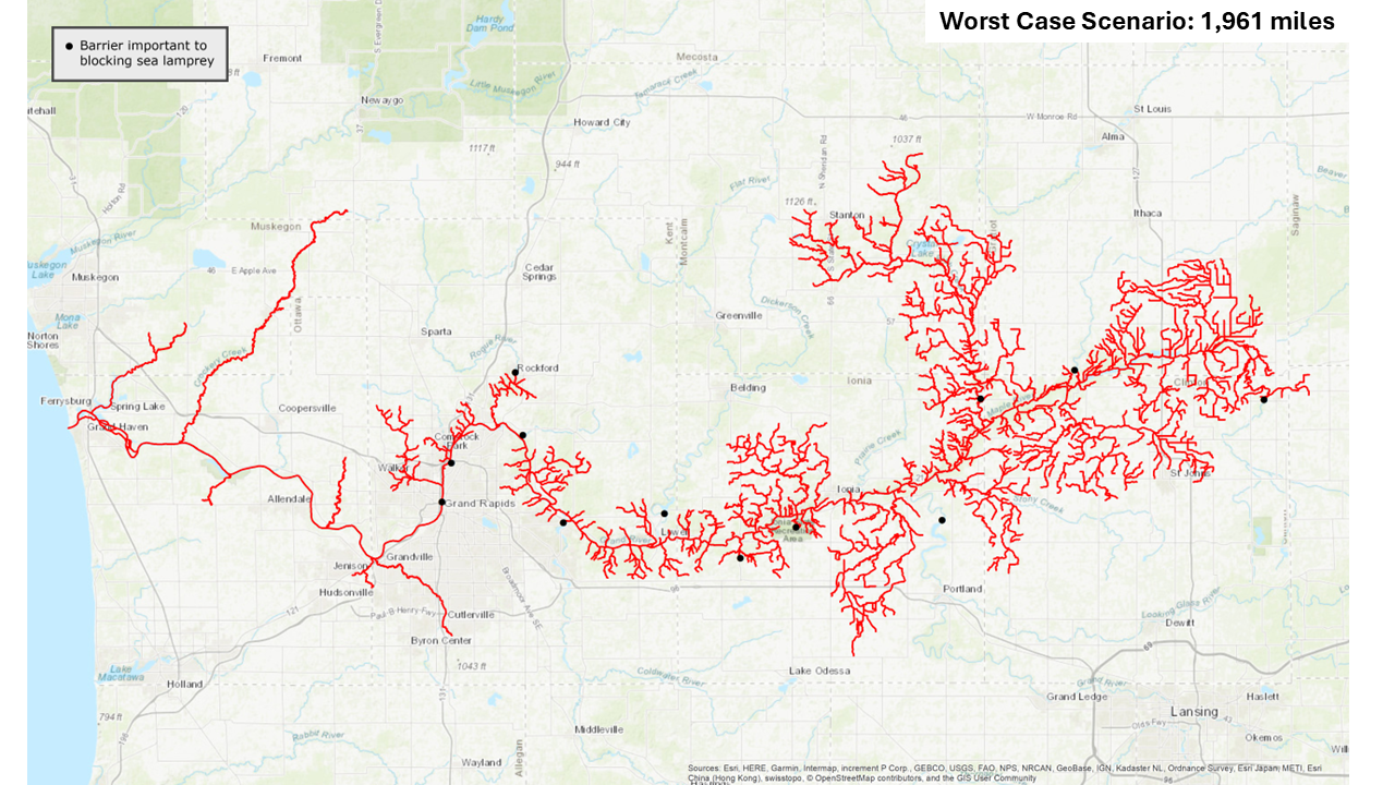 Map showing 1,961 miles of Grand River accessible to sea lamprey without barrier