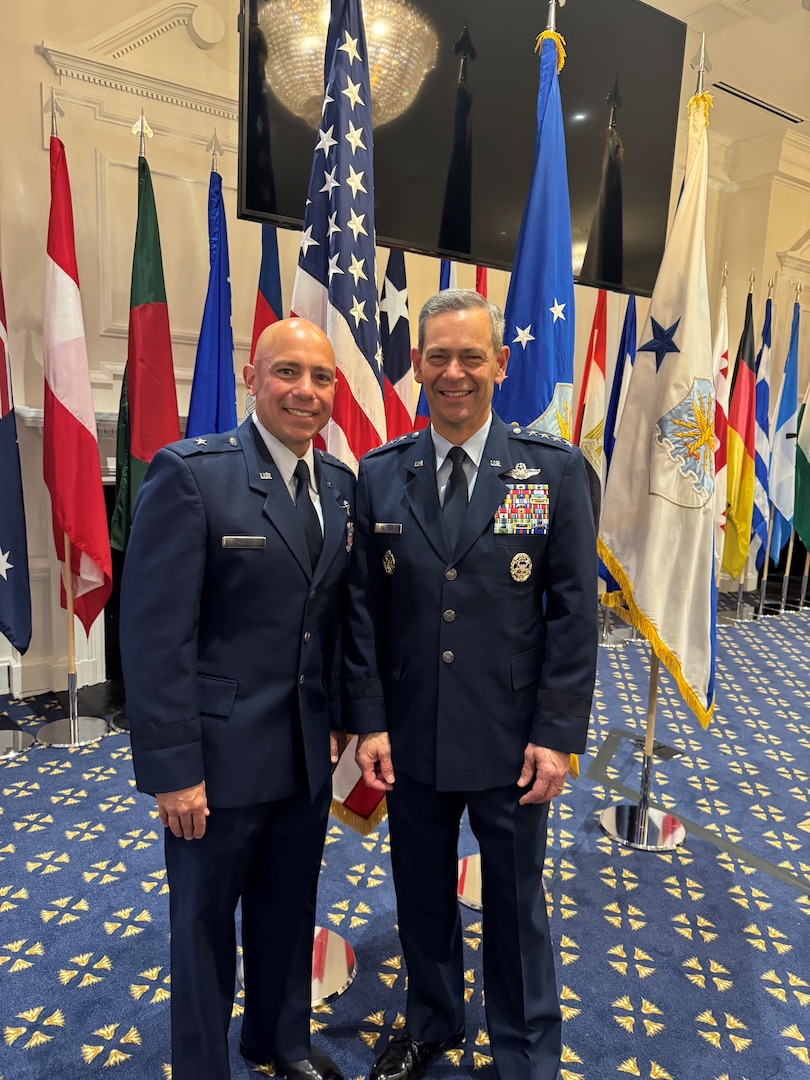 Brig. Gen. David Chauvin, Nevada Air National Guard commander, left, visited the Pentagon late April as part of his first step in his new role as the Deputy Under Secretary of the Air Force for International Affairs, which included meeting Gen. Kenneth S. Wilsbach, Chief of Staff of the Air Force, pictured here, right. In his role, Chauvin will support and at times backfill the presidentially appointed International Affairs Principals, Gentry Stephens, Deputy Under Secretary of the Air Force, International Affairs and Maj. Gen. Ricky Mills the Assistant Deputy Under Secretary of the Air Force, International Affairs.