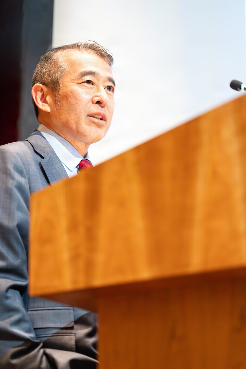 Edwin H. Oshiba, a member of the Senior Executive Service and administrative assistant to the Secretary of the Air Force, delivers remarks during the National Security Forum at Air University, Maxwell Air Force Base, Alabama, May 5, 2026.