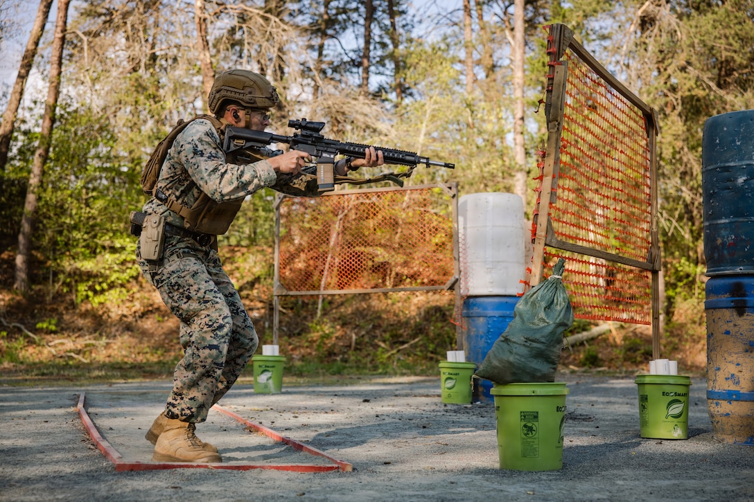 U.S. Marine Corps Capt. Nicholas Walewski, an air command and control officer and instructor with The Basic School, Training Command, competes in the Multi-Gun match during the Marine Corps Marksmanship Championships at Marine Corps Base Quantico, Virginia, April 16, 2026.