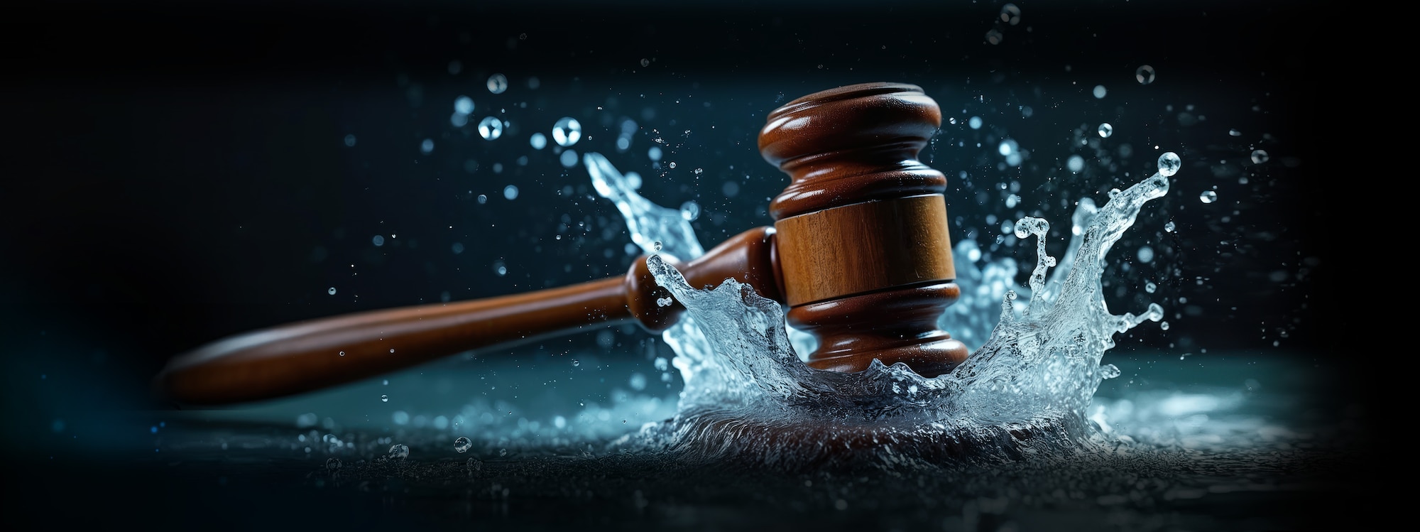 Wooden gavel strikes clear water creating splash and droplets.