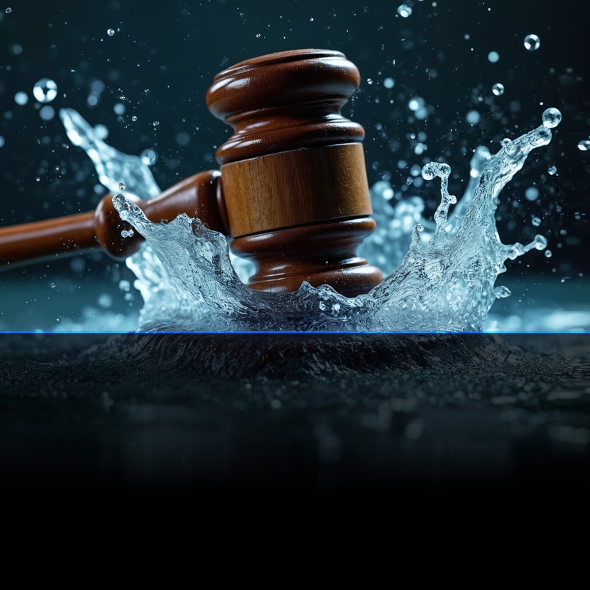 Wooden gavel strikes clear water creating splash and droplets.