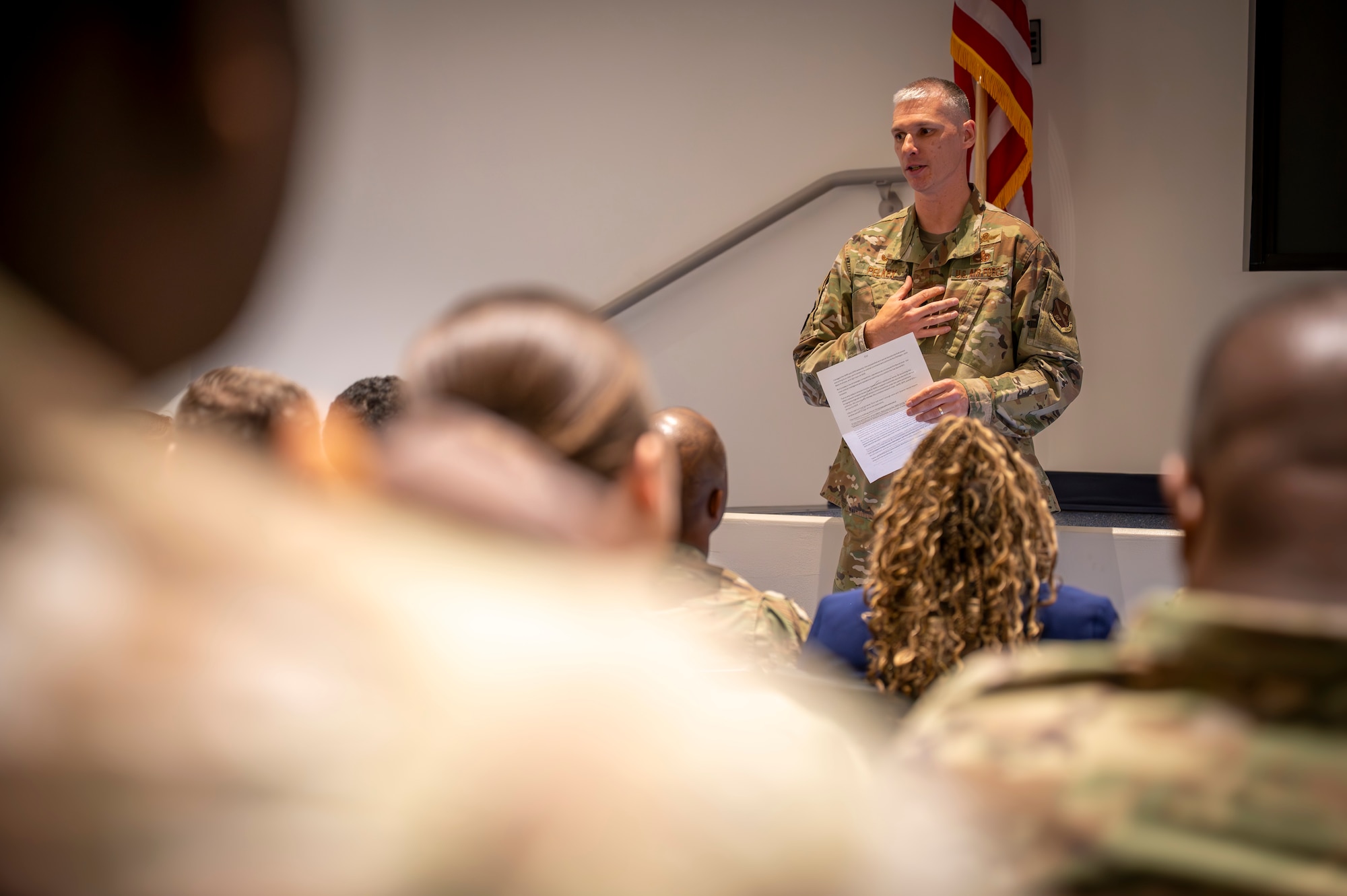U.S. Air Force Lt. Col. Jeffrey P. Pelkey, 794th Communications Squadron commander, speaks during a mission transfer ceremony as the 690th Intelligence Support Squadron merged with the 794th CS at Joint Base Anacostia-Bolling, Washington, D.C., May 1, 2026. The ceremony included speeches from the squadrons’ commanders, patch-swapping between personnel from both units and singing of the Air Force song. (U.S. Air Force photo by Senior Airman Shanel Toussaint)