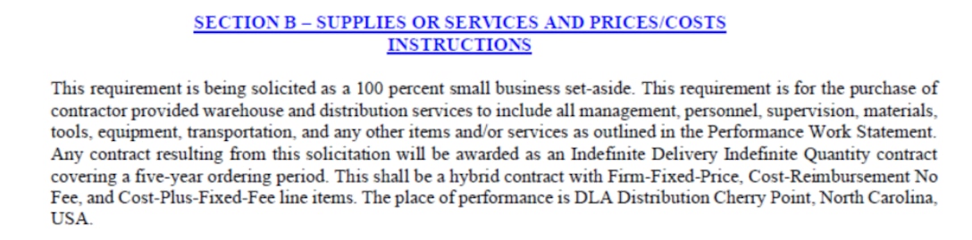 Example of Section B - Suppliers or Services and Prices/Costs instructions of a DLA Distribution Services' solicitation.
