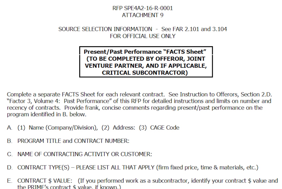 Example of past performance "FACTS Sheet" of a DLA Distribution Services' solicitation.