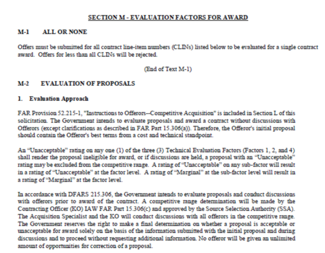 Example of Section M of a DLA Distribution Services' solicitation containing the evaluation approach.