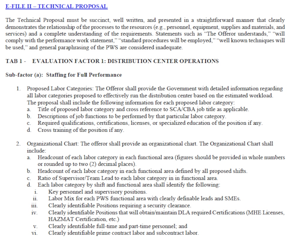 Example of technical volume proposal requirements from DLA Distribution Services' solicitation.