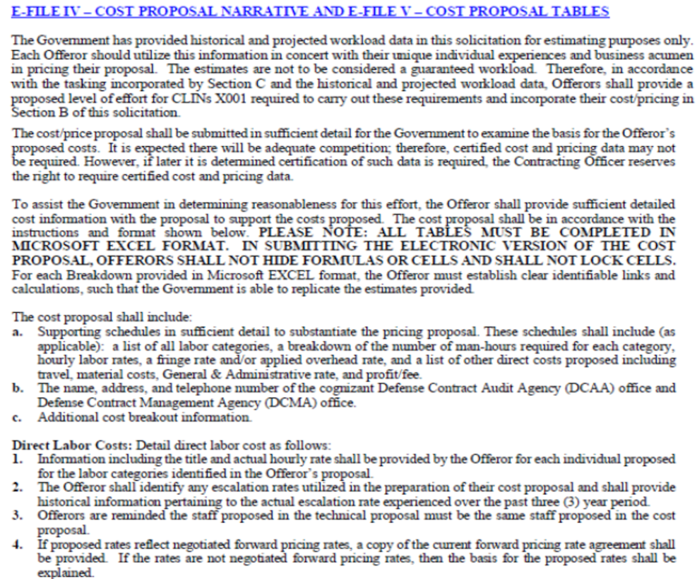 Example of cost/price volume that shows proposal requirements from DLA Distribution Services' solicitation.