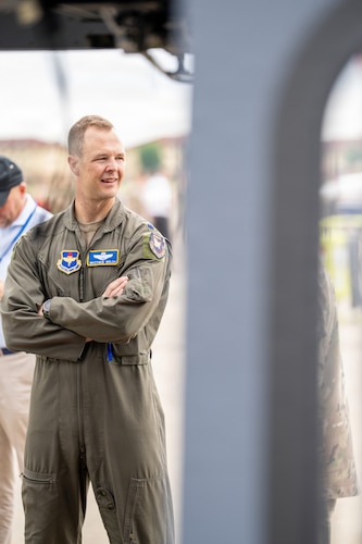 A U.S. Air Force pilot stands beside a U.S. Air Force aircraft during an Airpower demonstration for National Security Forum and Gathering of Eagles attendees at Maxwell Air Force Base, Alabama, May 6, 2026.