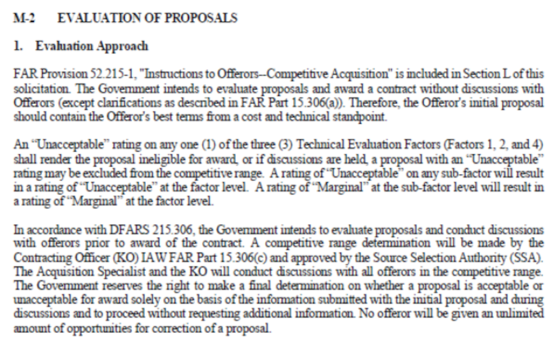 Section M-2 in a DLA Distribution Services solicitation explaining evaluation factors .