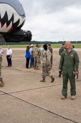 National Security Forum and Gathering of Eagles attendees walk the flight line during an Airpower demonstration at Maxwell Air Force Base, Alabama, May 6, 2026.