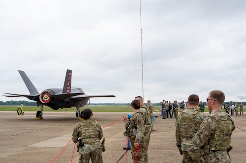 An F-35 Lightning II aircraft assigned to the 187th Fighter Wing is displayed during an Airpower demonstration for National Security Forum and Gathering of Eagles attendees at Maxwell Air Force Base, Alabama, May 6, 2026.