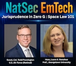 Headshots of Mr. Todd Pennington (left), Senior Fellow for Space Strategy and Policy at the Institute for National Strategic Studies, and Professor Laura Donohue (right), Director of the Center on National Security at Georgetown Law Center underneath the words "NatSec EmTech: Jurisprudence in ZeroG: SpaceLaw101"