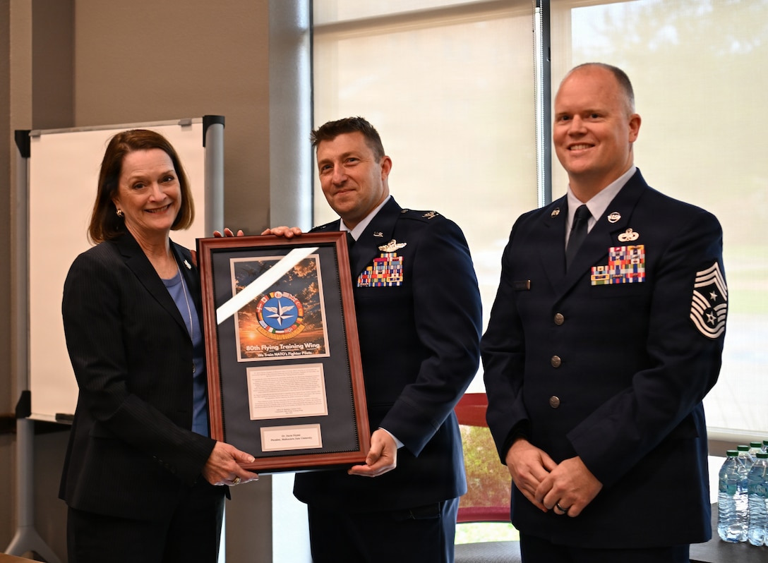 U.S. Air Force Col. Jeffrey Shulman, 80th Flying Training Wing commander, and Dr. Stacia Haynie, Midwestern State University president, pose for a photo at Midwestern State University in Wichita Falls, Texas, May 5, 2025.