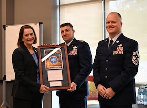 U.S. Air Force Col. Jeffrey Shulman, 80th Flying Training Wing commander, and Dr. Stacia Haynie, Midwestern State University president, pose for a photo at Midwestern State University in Wichita Falls, Texas, May 5, 2025.