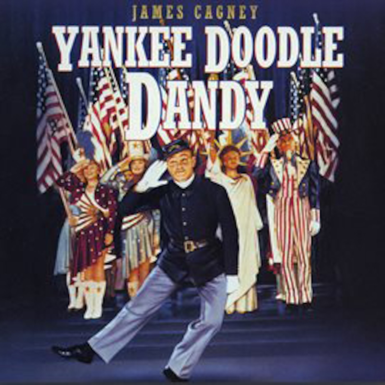 A poster depicts flags, soldiers and the word “James Cagney, Yankee Doodle Dandy.”