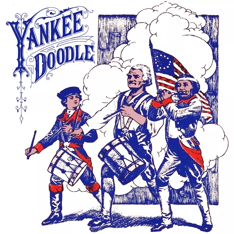 A graphic depicts three Colonial soldiers playing drums and a flute and carrying a Betsy Ross flag. In the top-left corner are the words, “Yankee Doodle.”