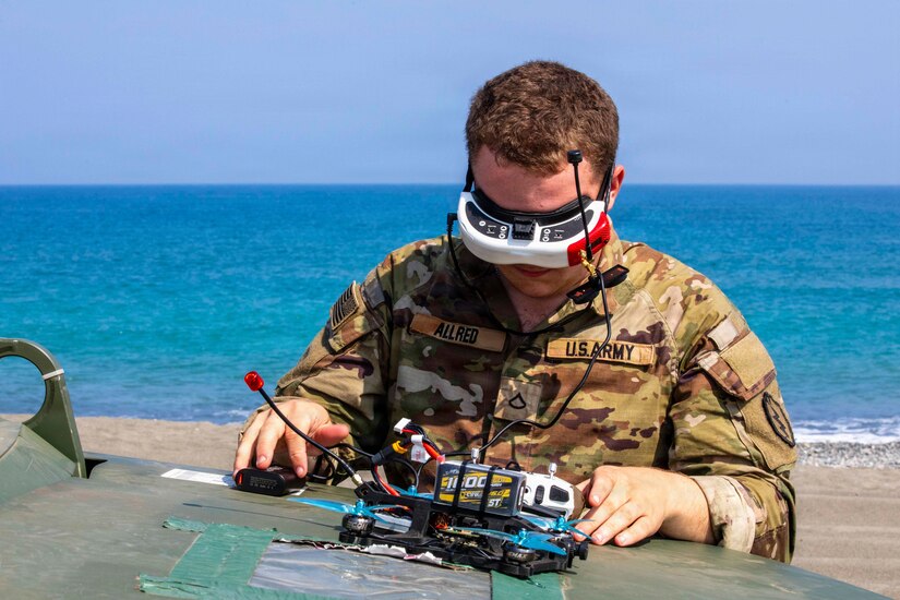 U.S. Army Pfc. Conner Allred, an infantryman assigned to 2nd Battalion, 35th Infantry  Regiment, 3rd Mobile Brigade, 25th Infantry Division, prepares to operate a first-person view drone during a training lane as part of Exercise Balikatan 2026 in Laoag City, Philippines, April 25, 2026.