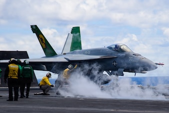 An F/A-18E Super Hornet, assigned to Strike Fighter Squadron (VFA) 25, readies for launch off the flight deck of the Nimitz-class aircraft carrier USS Theodore Roosevelt (CVN 71), May 5, 2026.