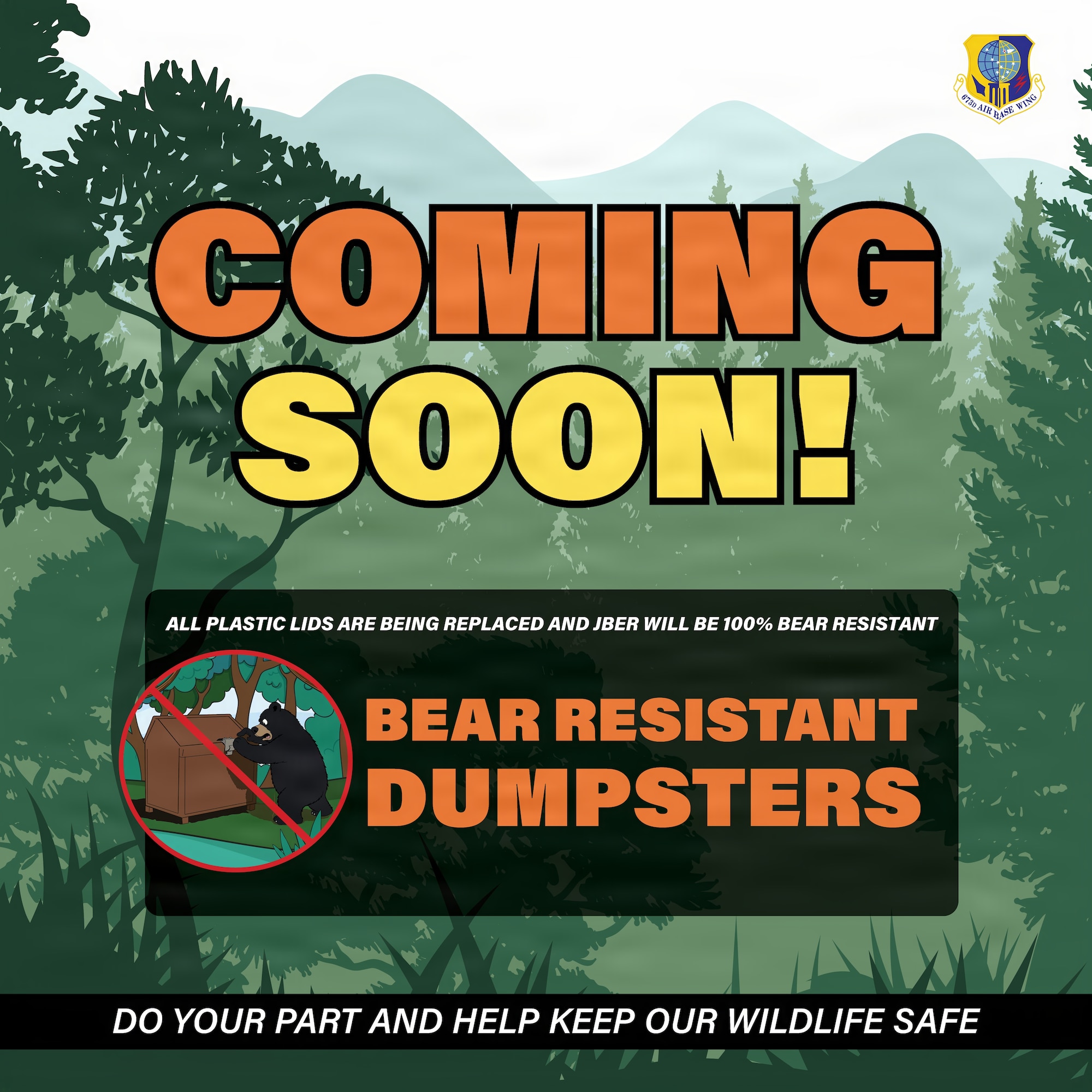 A graphic that provides information on bear resistant dumpsters being replaced around Joint Base Elmendorf-Richardson, Alaska, Apr. 10, 2026. The installation is switching all plastic lidded dumpsters to steel lidded as this will help prevent wildlife from getting into the trash.