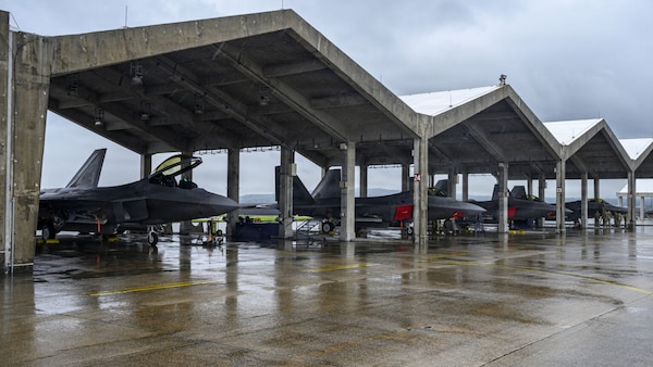 A row of military jets is parked under hangars.