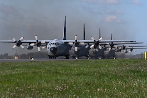 C-130H Hercules aircraft assigned to the 139th Airlift Wing and the Polish Air Force conduct an elephant walk during Rodeo Day in support of Hussar Saber 26-1.
