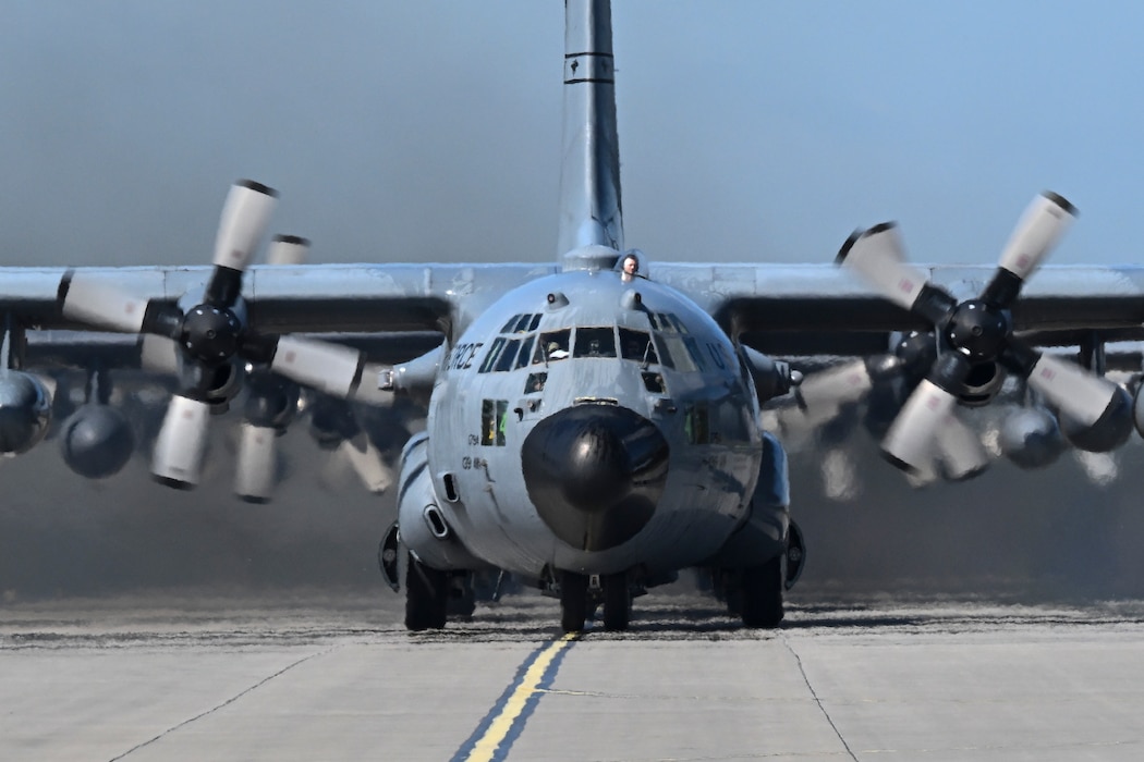 C-130H Hercules aircraft assigned to the 139th Airlift Wing, conduct an elephant walk during Rodeo Day in support of Hussar Saber 26-1.