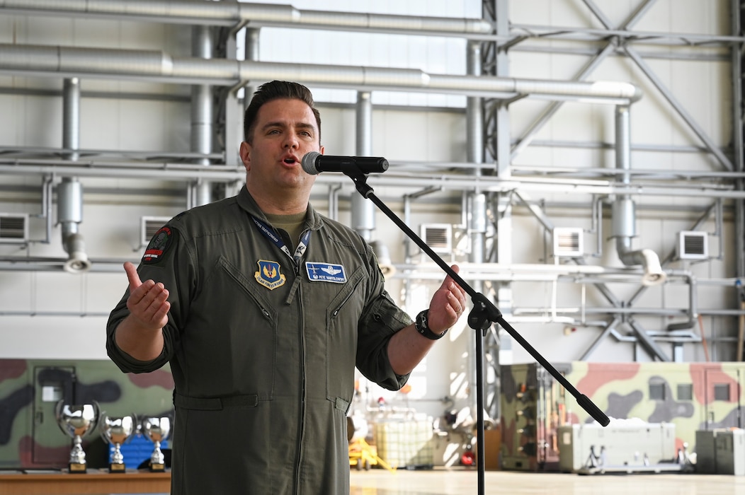 U.S. Air Force Lt. Col. Peter Namyslowski, 52nd Operations Group, Detachment 1 commander, gives his remarks during the rodeo competition award ceremony in support of Hussar Saber 26-1.