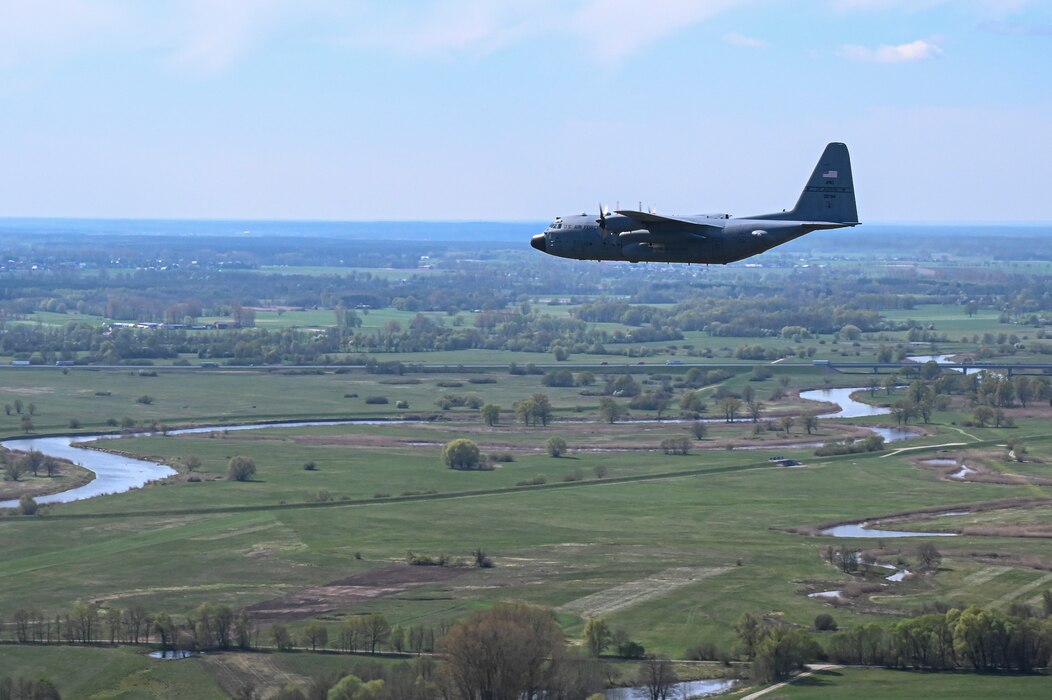 A C-130H Hercules from the 139th Airlift Wing, flies over Polish skies during Hussar Saber 26-1.