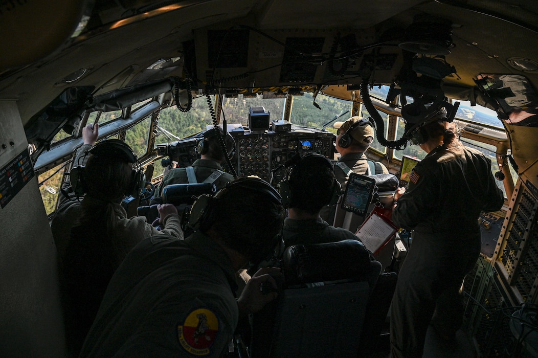 U.S. Air Force Airmen assigned to the 180th Airlift Squadron fly a C-130H Hercules aircraft assigned to the 139th Airlift Wing during Hussar Saber 26-1.
