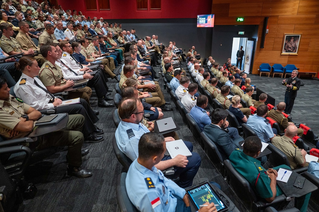 Adm. Samuel J. Paparo, commander of U.S. Indo-Pacific Command, speaks with students at the Australian Defence College in Canberra, Australia, May 5, 2026. USINDOPACOM is committed to enhancing stability in the Indo-Pacific region by promoting security cooperation, encouraging peaceful development, responding to contingencies, deterring aggression and, when necessary, prevailing in conflict. (U.S. Navy photo by Mass Communication Specialist 1st Class Ryan D. McLearnon)