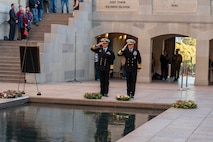Adm. David Johnston AC RAN, Chief of the Australian Defence Force, left, and Adm. Samuel J. Paparo, commander of U.S. Indo-Pacific Command, render a salute during the Last Post ceremony at the Australian War Memorial in Canberra, Australia, May 6, 2026. USINDOPACOM is committed to enhancing stability in the Indo-Pacific region by promoting security cooperation, encouraging peaceful development, responding to contingencies, deterring aggression and, when necessary, prevailing in conflict. (U.S. Navy photo by Mass Communication Specialist 1st Class Ryan D. McLearnon)