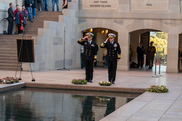 Adm. David Johnston AC RAN, Chief of the Australian Defence Force, left, and Adm. Samuel J. Paparo, commander of U.S. Indo-Pacific Command, render a salute during the Last Post ceremony at the Australian War Memorial in Canberra, Australia, May 6, 2026. USINDOPACOM is committed to enhancing stability in the Indo-Pacific region by promoting security cooperation, encouraging peaceful development, responding to contingencies, deterring aggression and, when necessary, prevailing in conflict. (U.S. Navy photo by Mass Communication Specialist 1st Class Ryan D. McLearnon)